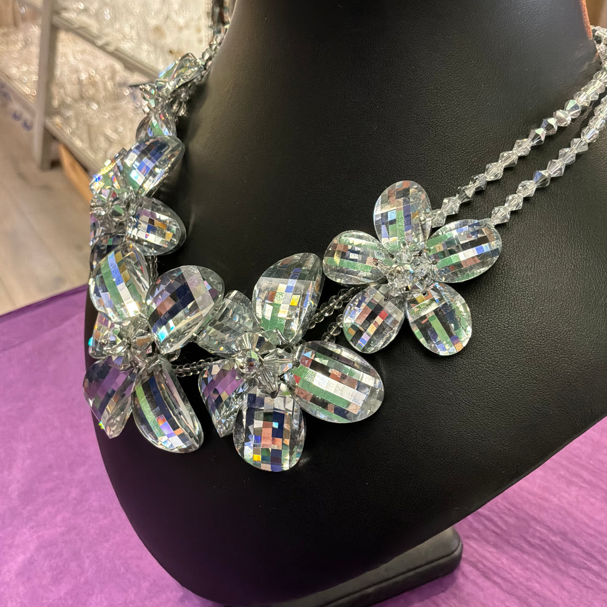 Vintage Butler & Wilson Silver Checkerboard Crystal Floral Statement Necklace
