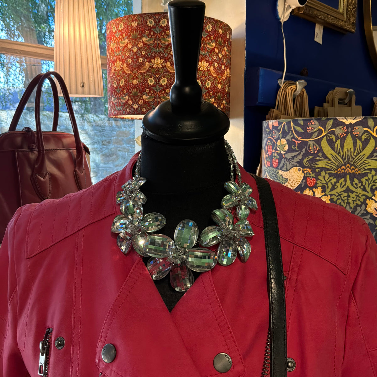 Vintage Butler & Wilson Silver Checkerboard Crystal Floral Statement Necklace
