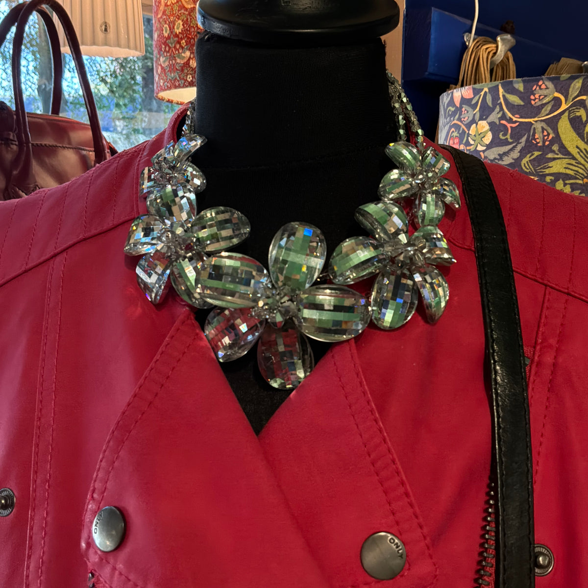 Vintage Butler & Wilson Silver Checkerboard Crystal Floral Statement Necklace