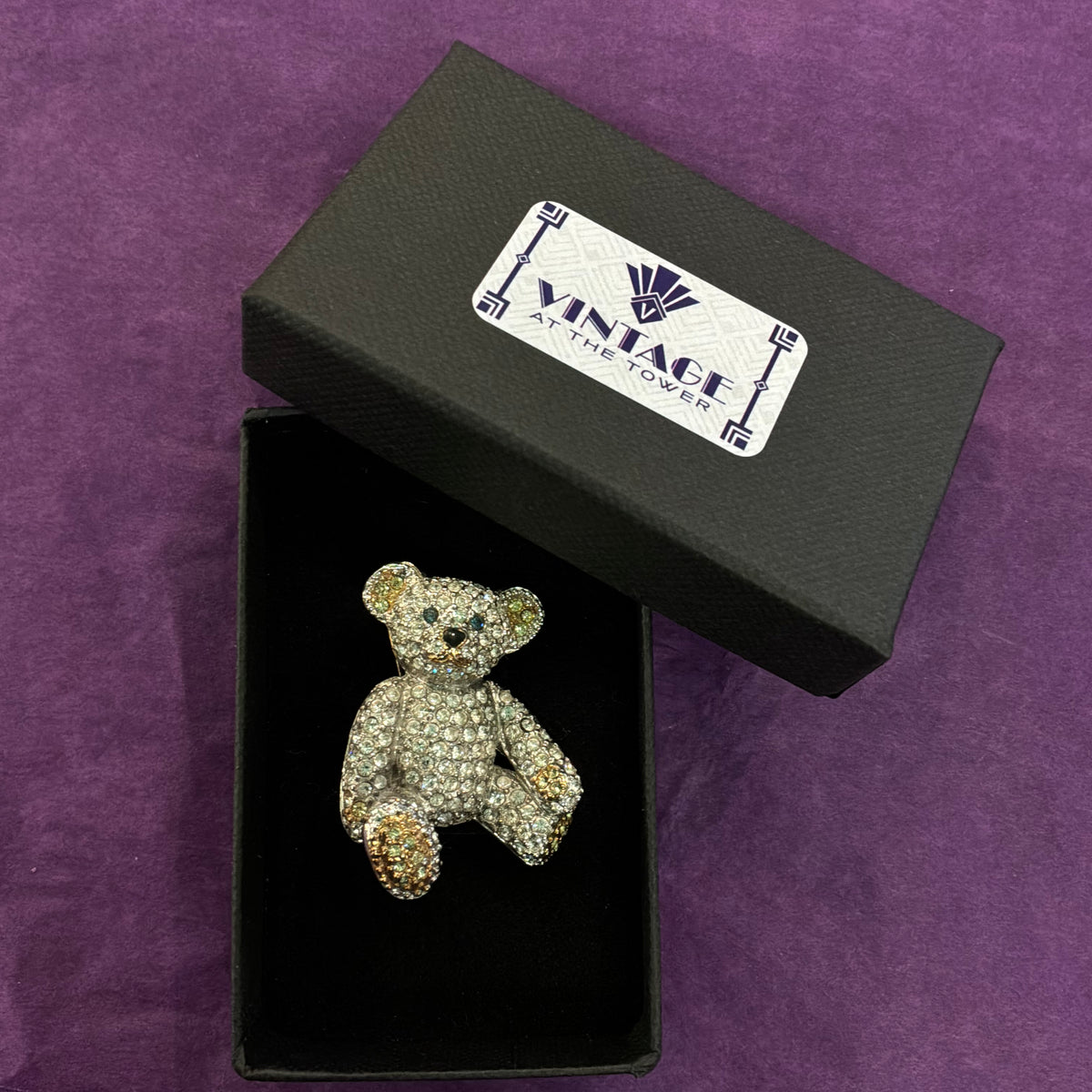 Vintage Butler & Wilson Crystal Teddy Bear Brooch, Silver Tone