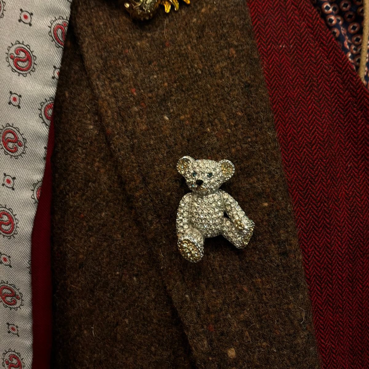 Vintage Butler & Wilson Crystal Teddy Bear Brooch, Silver Tone