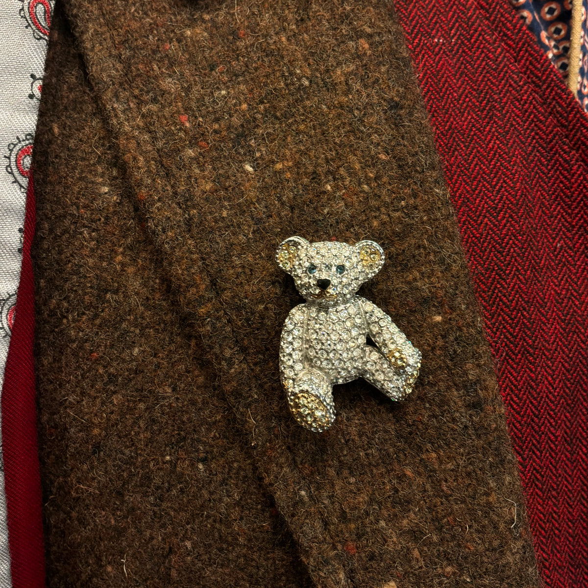 Vintage Butler & Wilson Crystal Teddy Bear Brooch, Silver Tone