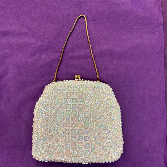 Vintage Mid Century Ivory Beaded Bridal Evening Bag with Aurora Borealis Sequins and  Gold Tone Chain