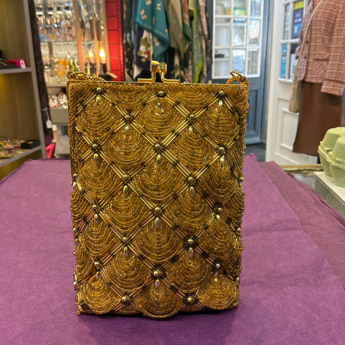 Vintage Le Soir Gold Beaded Evening Bag, Mid Century Trellis Design
