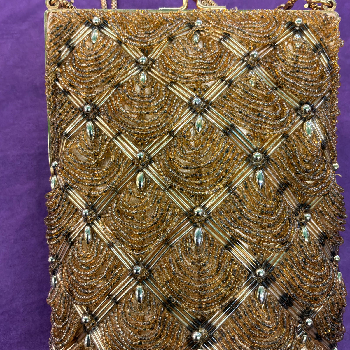 Vintage Le Soir Gold Beaded Evening Bag, Mid Century Trellis Design