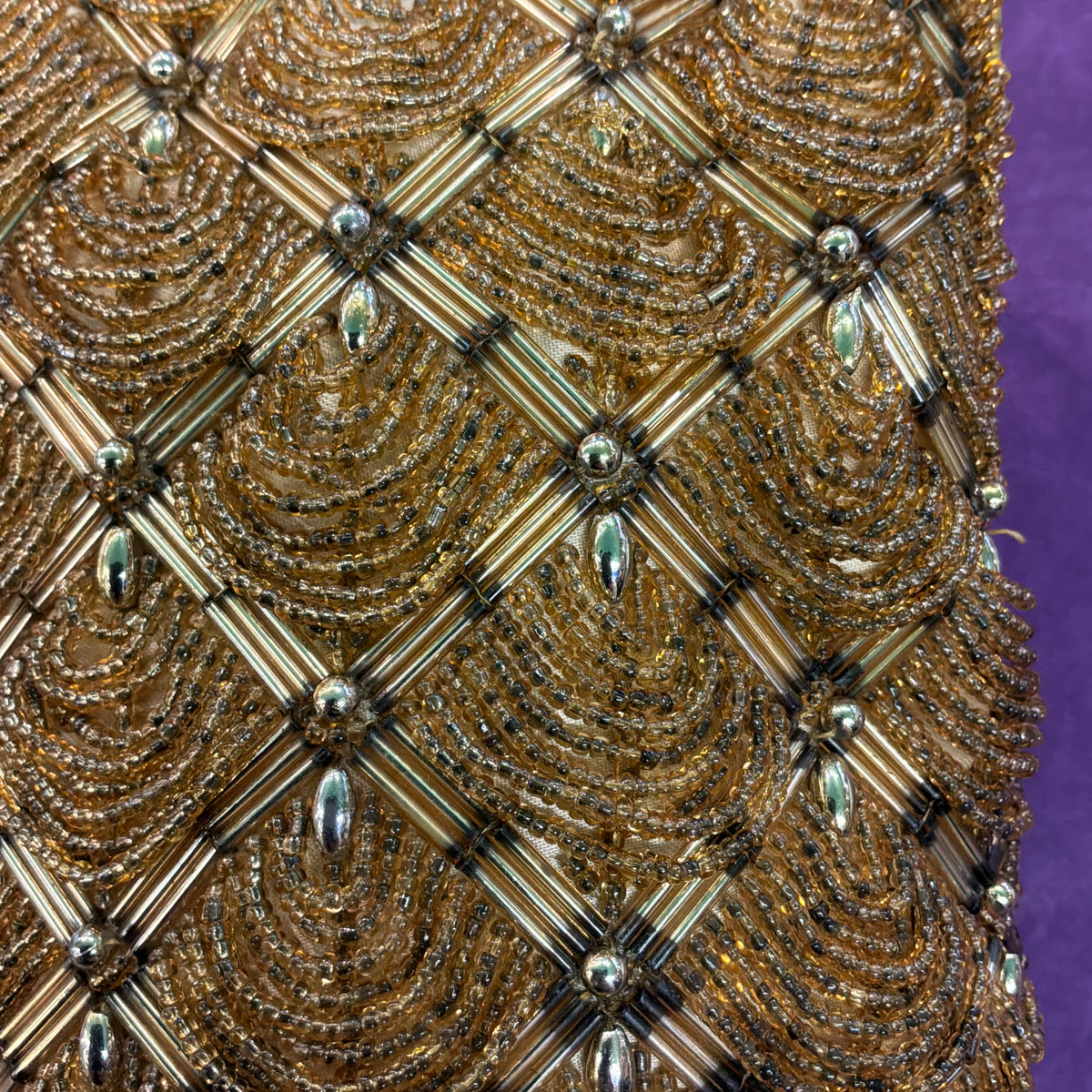 Vintage Le Soir Gold Beaded Evening Bag, Mid Century Trellis Design