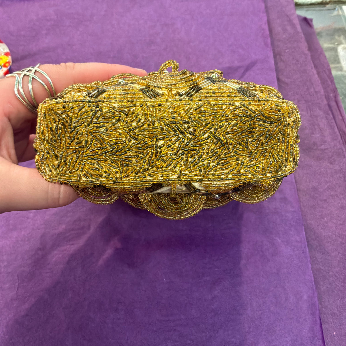Vintage Le Soir Gold Beaded Evening Bag, Mid Century Trellis Design