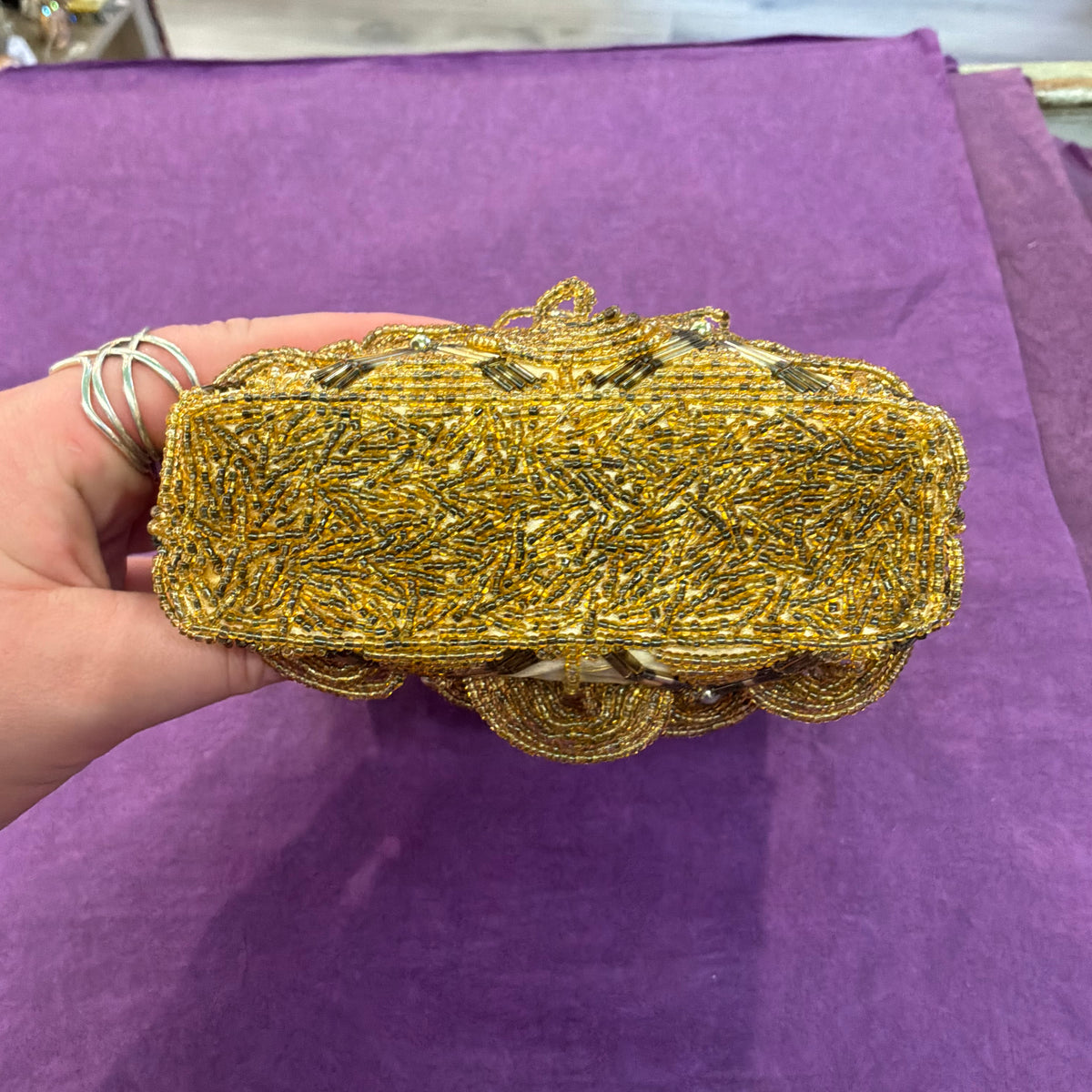 Vintage Le Soir Gold Beaded Evening Bag, Mid Century Trellis Design