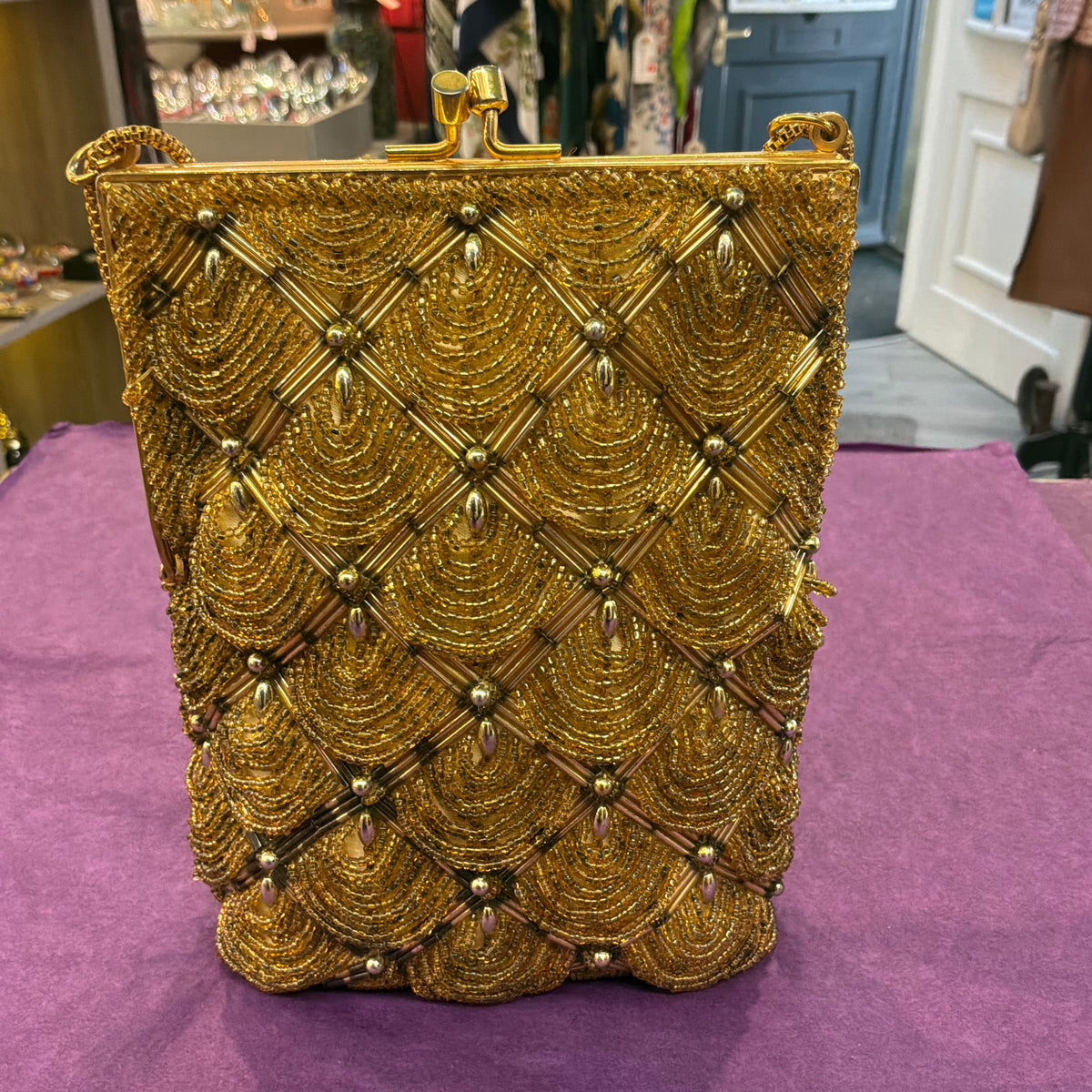 Vintage Le Soir Gold Beaded Evening Bag, Mid Century Trellis Design