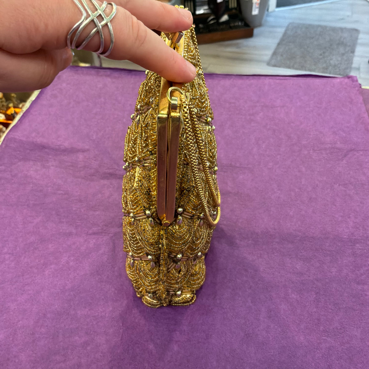 Vintage Le Soir Gold Beaded Evening Bag, Mid Century Trellis Design