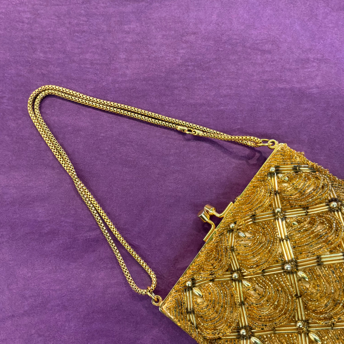 Vintage Le Soir Gold Beaded Evening Bag, Mid Century Trellis Design