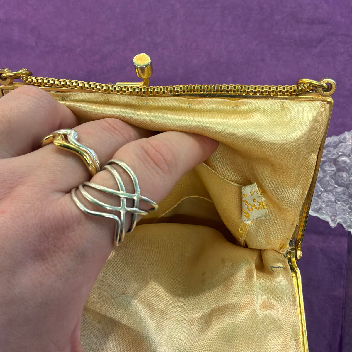 Vintage Le Soir Gold Beaded Evening Bag, Mid Century Trellis Design