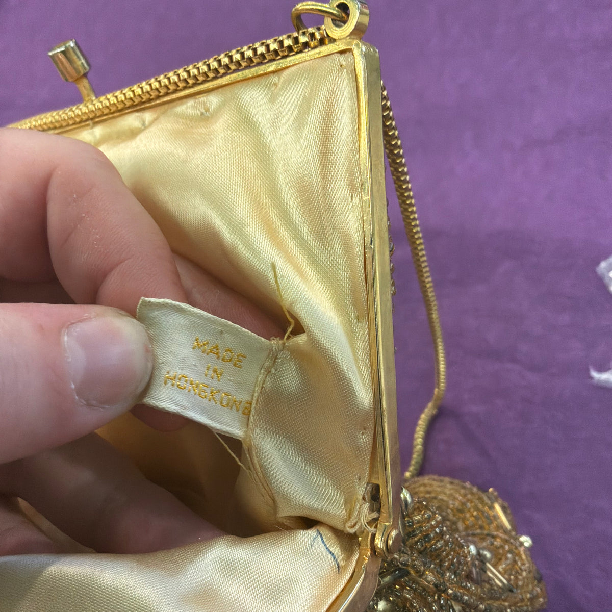 Vintage Le Soir Gold Beaded Evening Bag, Mid Century Trellis Design