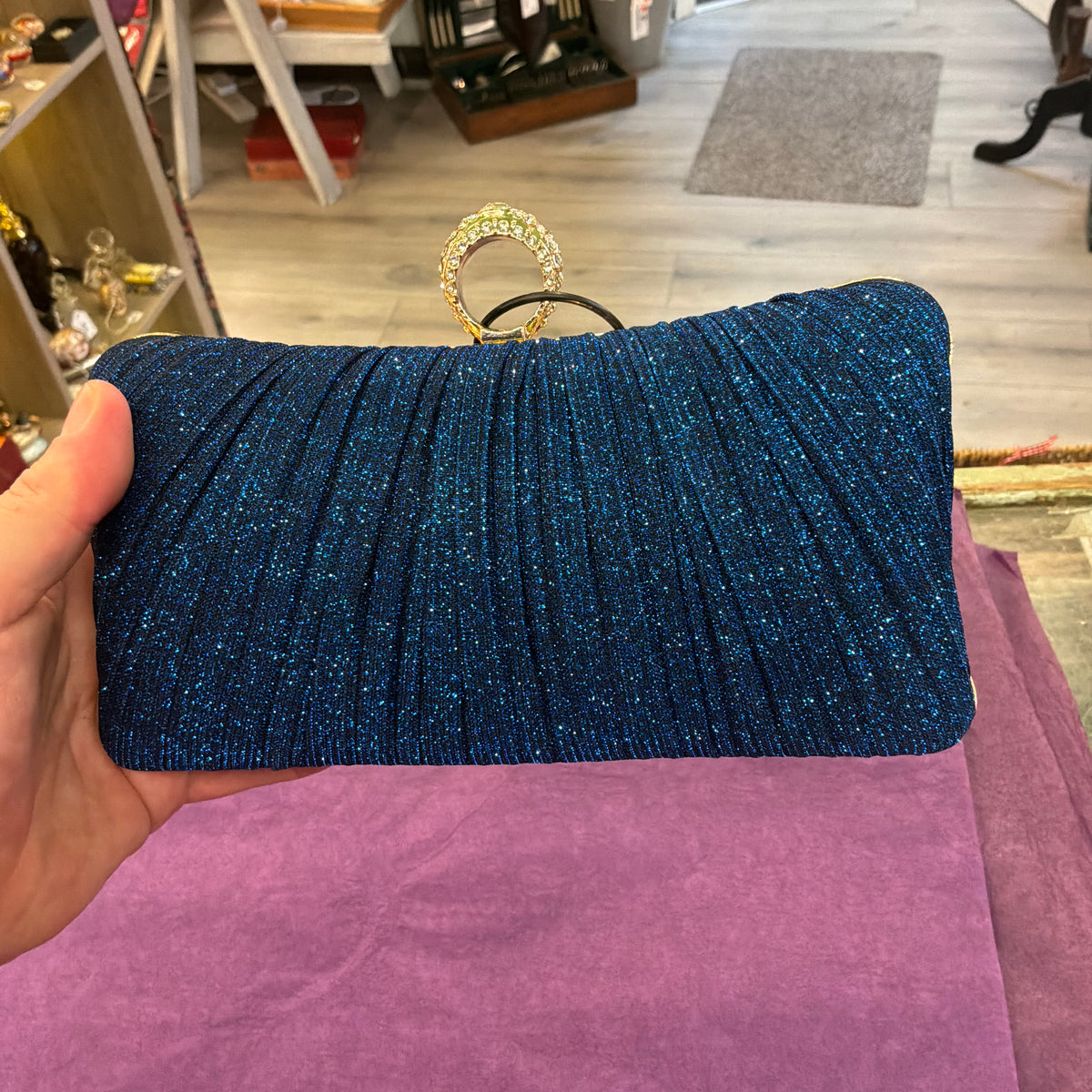 Amos de Lotus Royal Blue Pleated Glitter Evening Bag, Gold Tone with Crystal Clasp