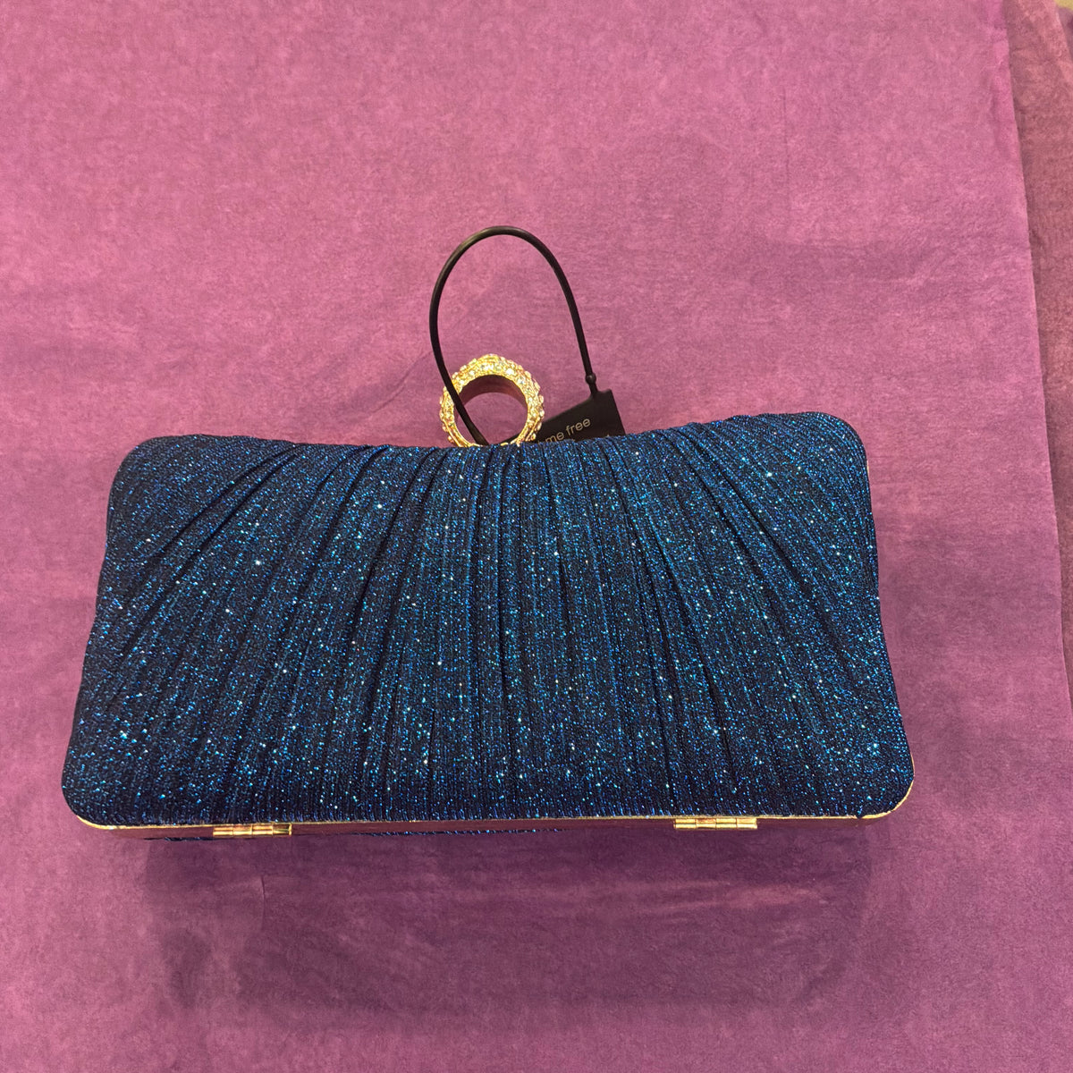 Amos de Lotus Royal Blue Pleated Glitter Evening Bag, Gold Tone with Crystal Clasp