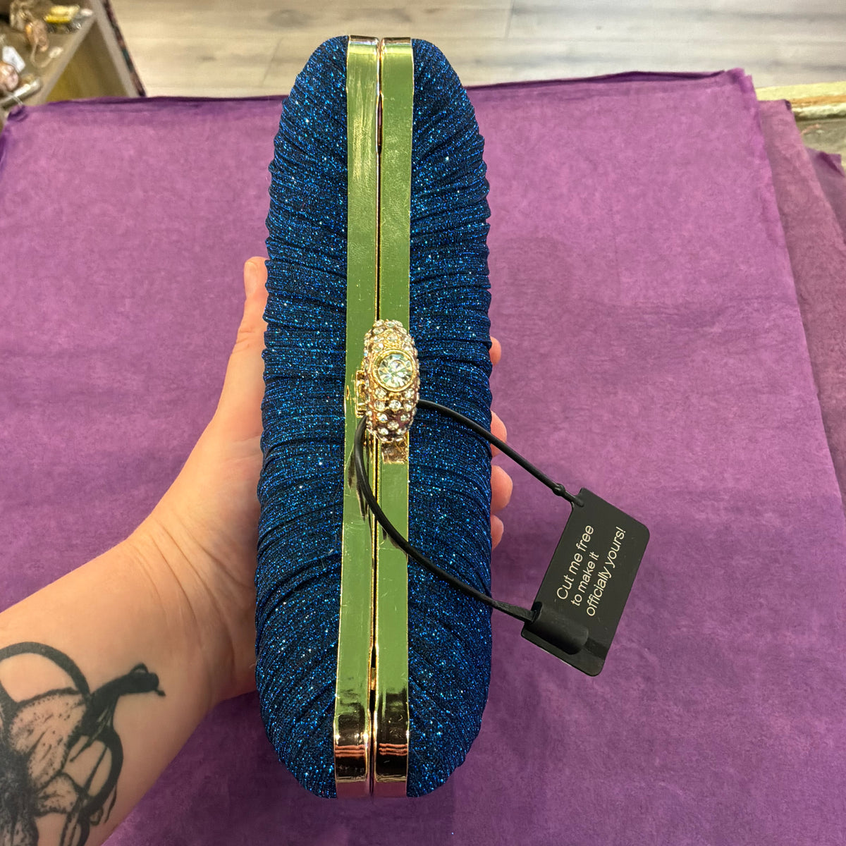 Amos de Lotus Royal Blue Pleated Glitter Evening Bag, Gold Tone with Crystal Clasp