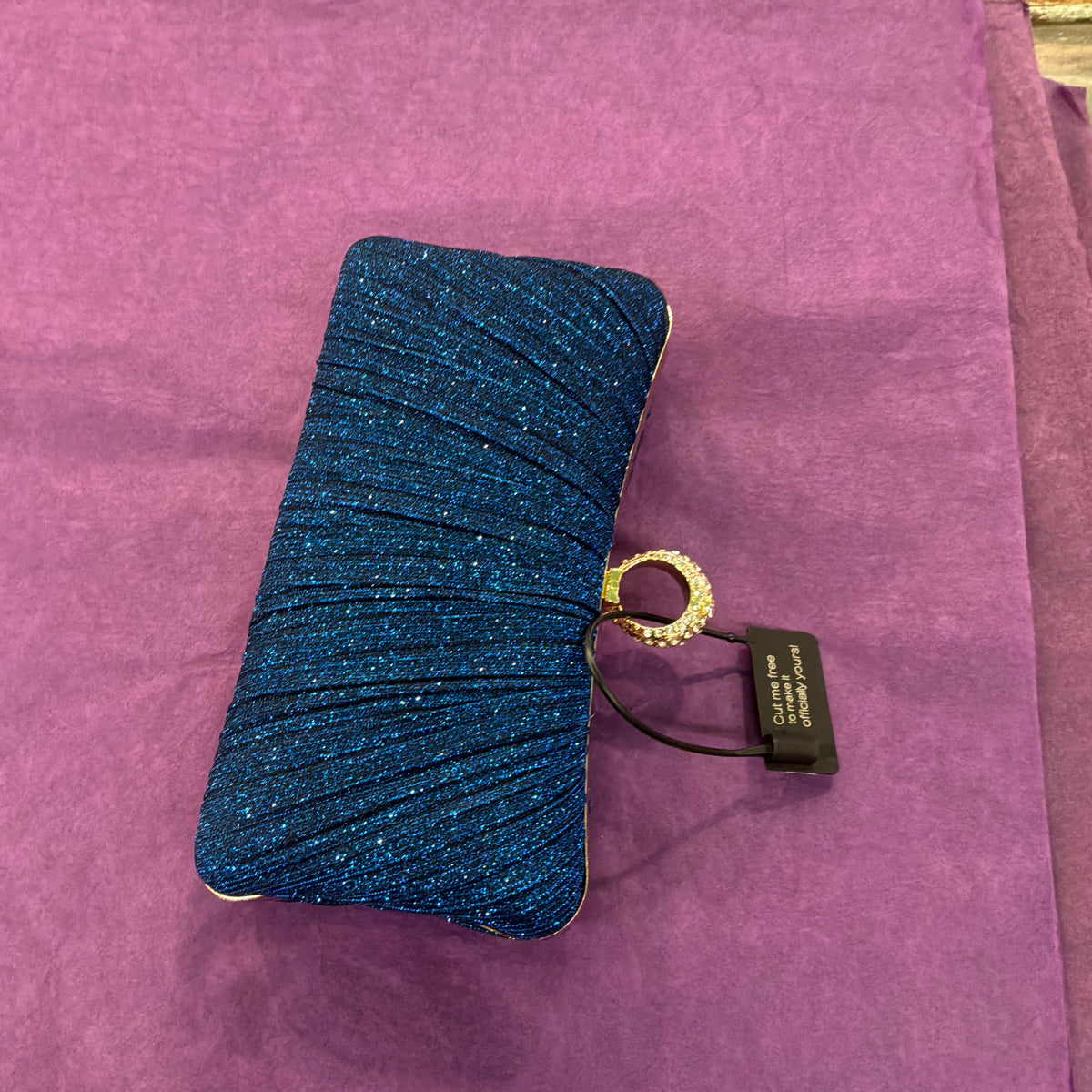 Amos de Lotus Royal Blue Pleated Glitter Evening Bag, Gold Tone with Crystal Clasp