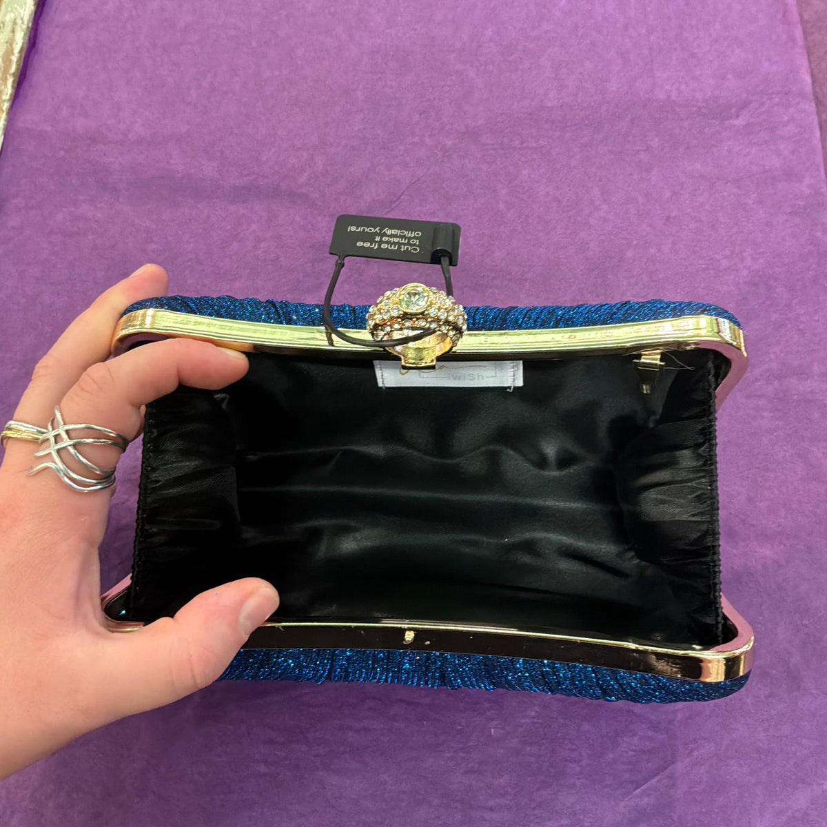 Amos de Lotus Royal Blue Pleated Glitter Evening Bag, Gold Tone with Crystal Clasp