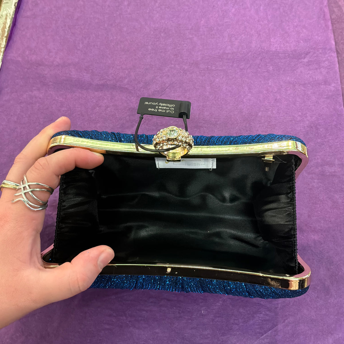 Amos de Lotus Royal Blue Pleated Glitter Evening Bag, Gold Tone with Crystal Clasp