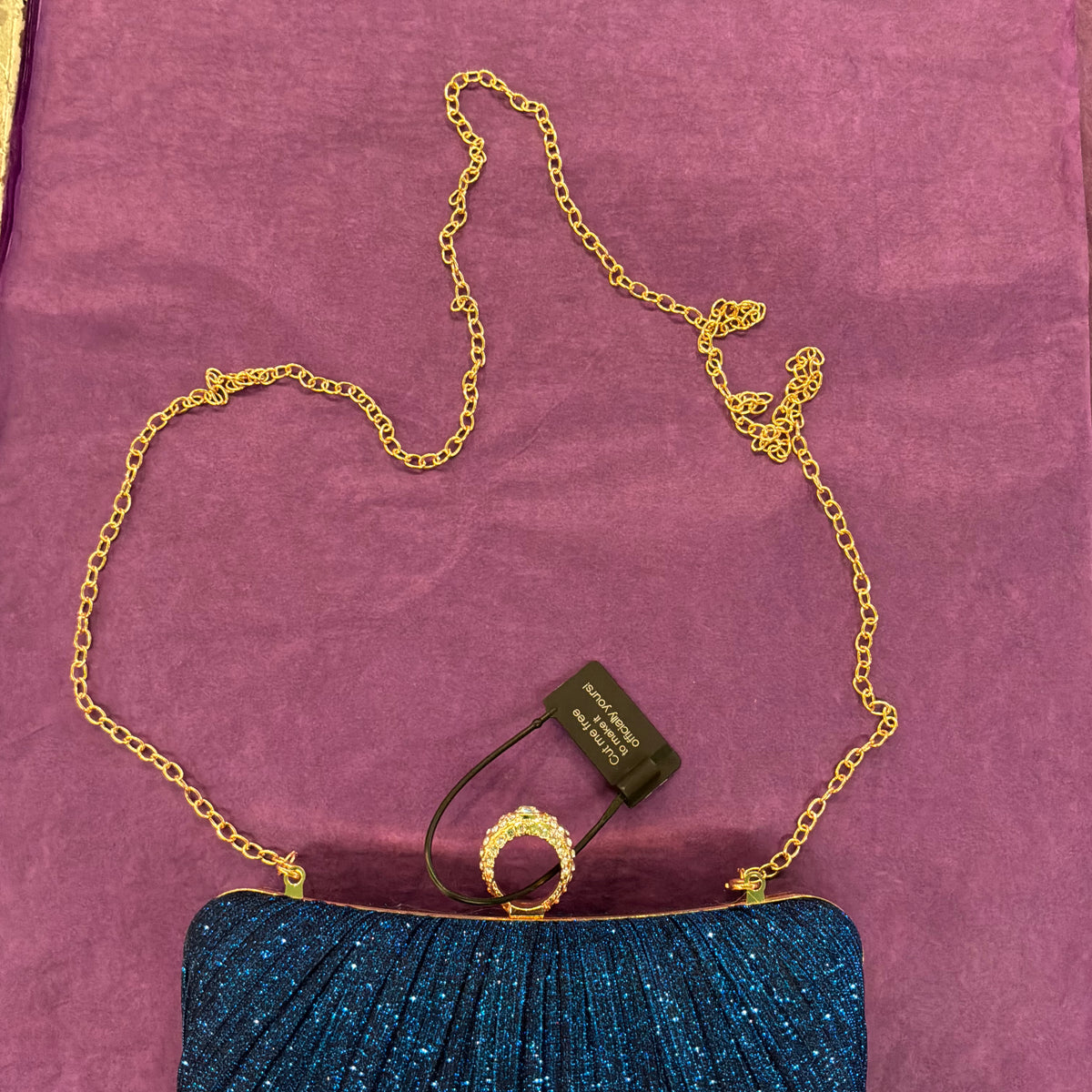 Amos de Lotus Royal Blue Pleated Glitter Evening Bag, Gold Tone with Crystal Clasp