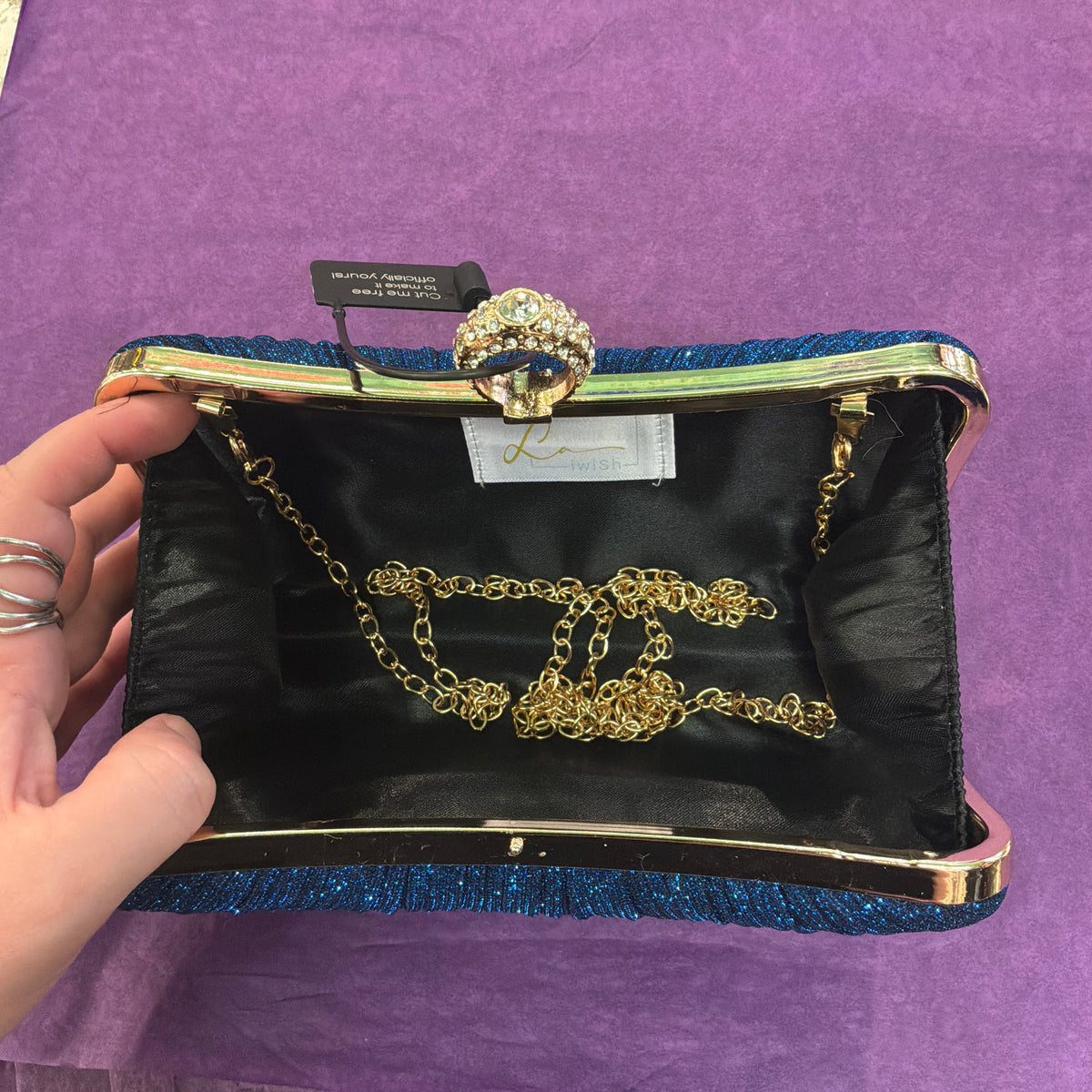 Amos de Lotus Royal Blue Pleated Glitter Evening Bag, Gold Tone with Crystal Clasp