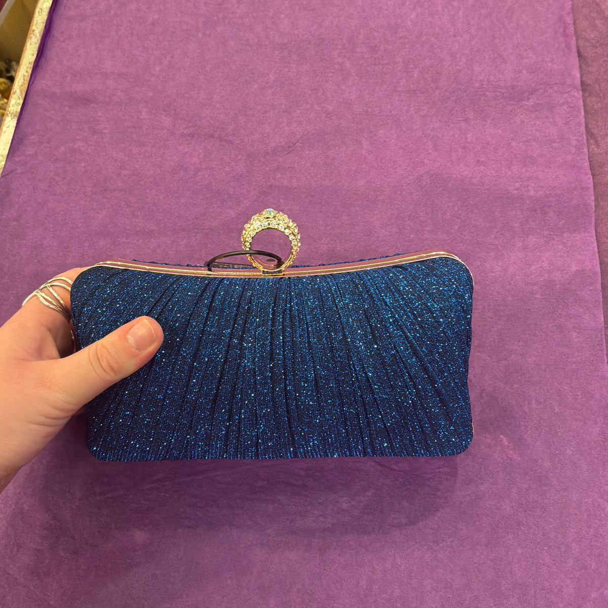 Amos de Lotus Royal Blue Pleated Glitter Evening Bag, Gold Tone with Crystal Clasp