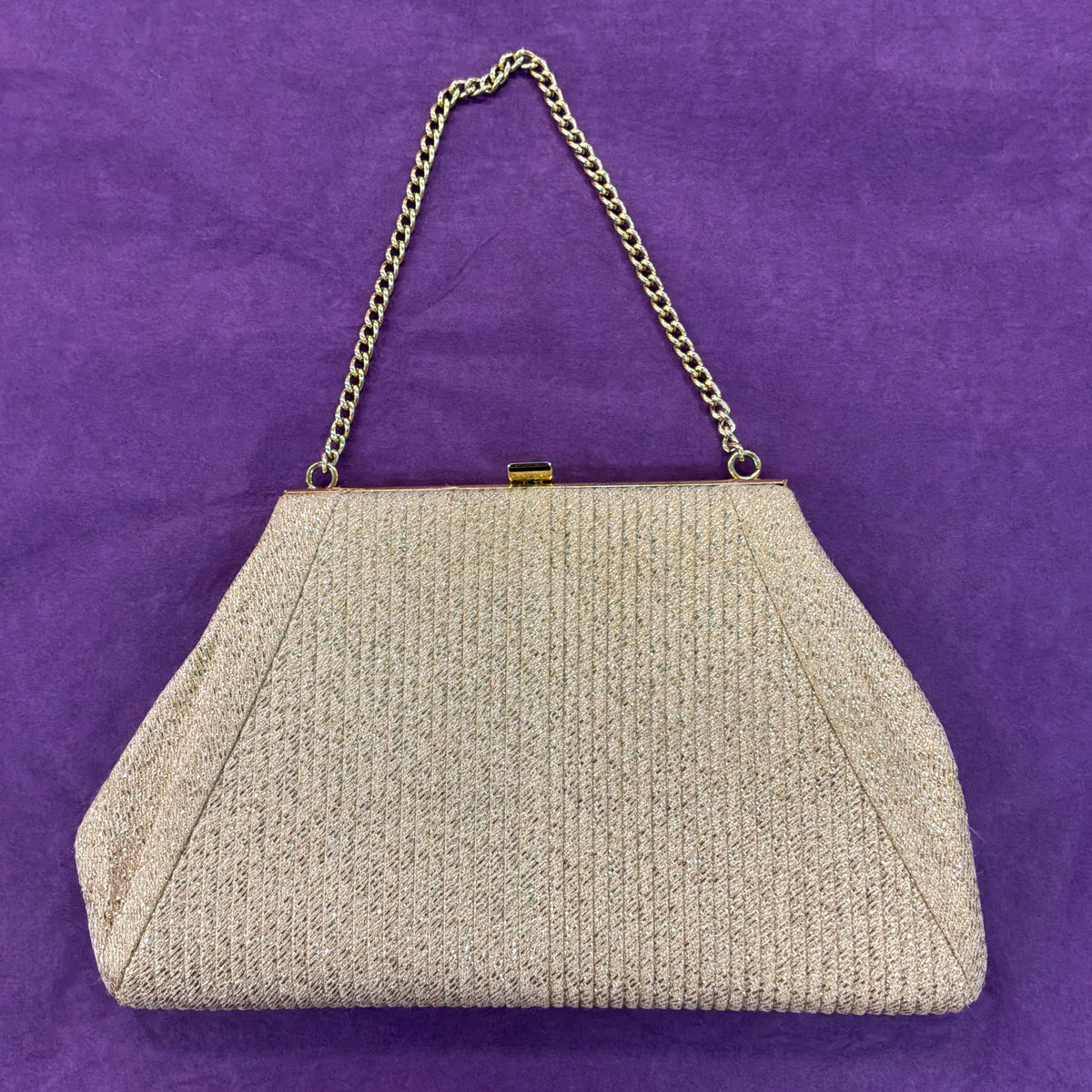 Vintage Mid Century Gold Lurex Pleated Evening Bag with Gold Tone Chain