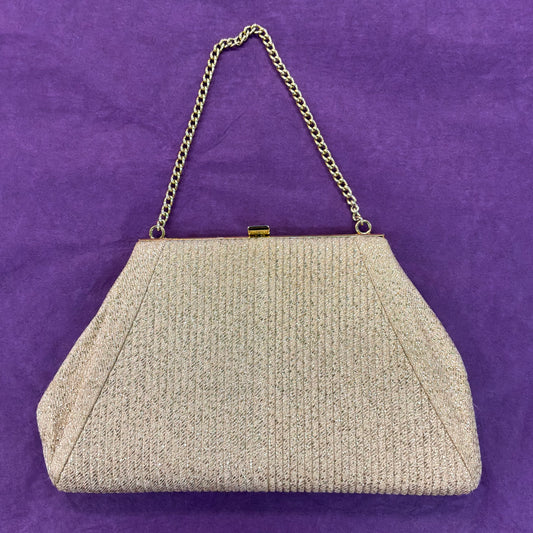 Vintage Mid Century Gold Lurex Pleated Evening Bag with Gold Tone Chain