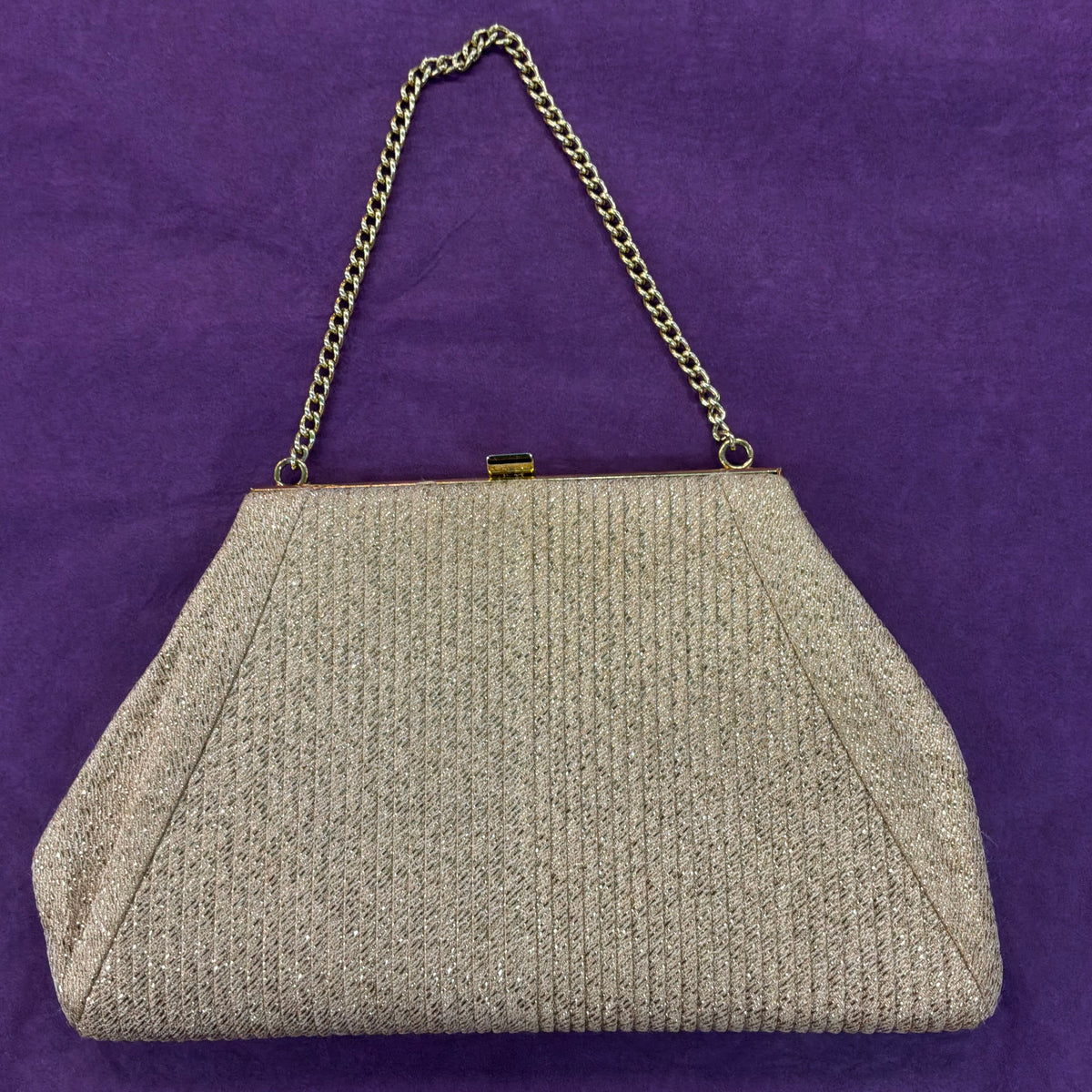 Vintage Mid Century Gold Lurex Pleated Evening Bag with Gold Tone Chain