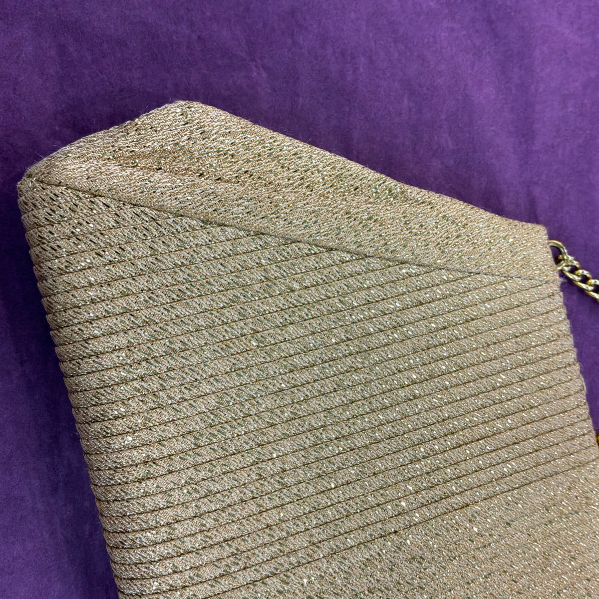 Vintage Mid Century Gold Lurex Pleated Evening Bag with Gold Tone Chain