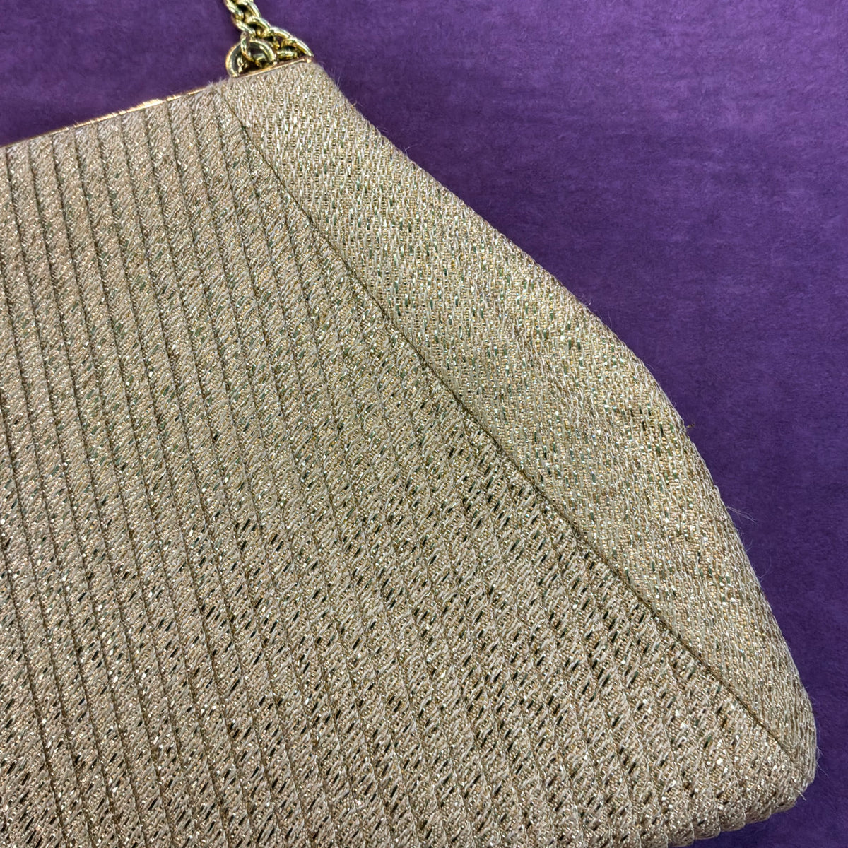 Vintage Mid Century Gold Lurex Pleated Evening Bag with Gold Tone Chain