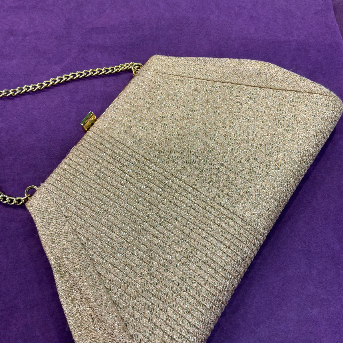 Vintage Mid Century Gold Lurex Pleated Evening Bag with Gold Tone Chain