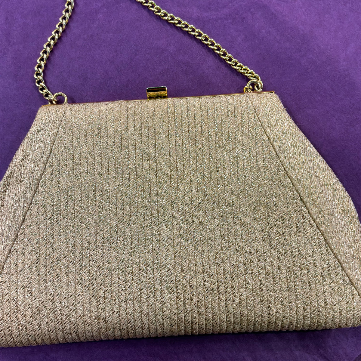 Vintage Mid Century Gold Lurex Pleated Evening Bag with Gold Tone Chain