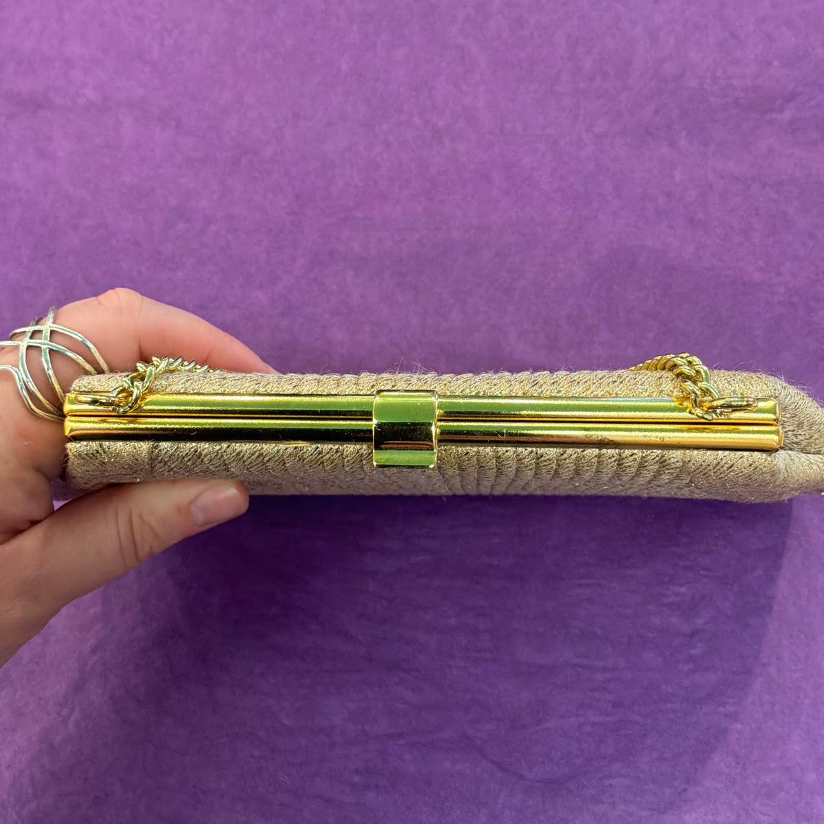 Vintage Mid Century Gold Lurex Pleated Evening Bag with Gold Tone Chain