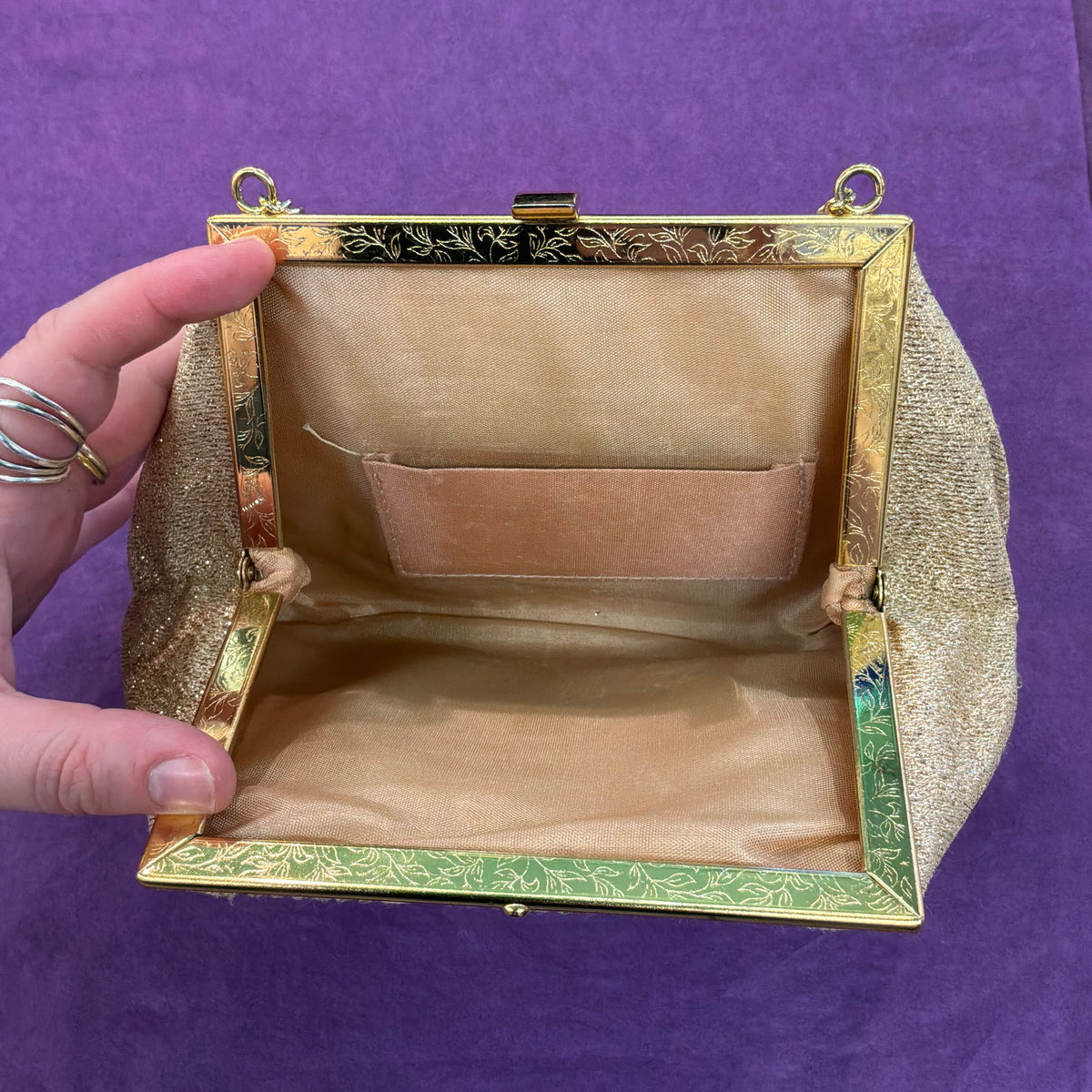 Vintage Mid Century Gold Lurex Pleated Evening Bag with Gold Tone Chain