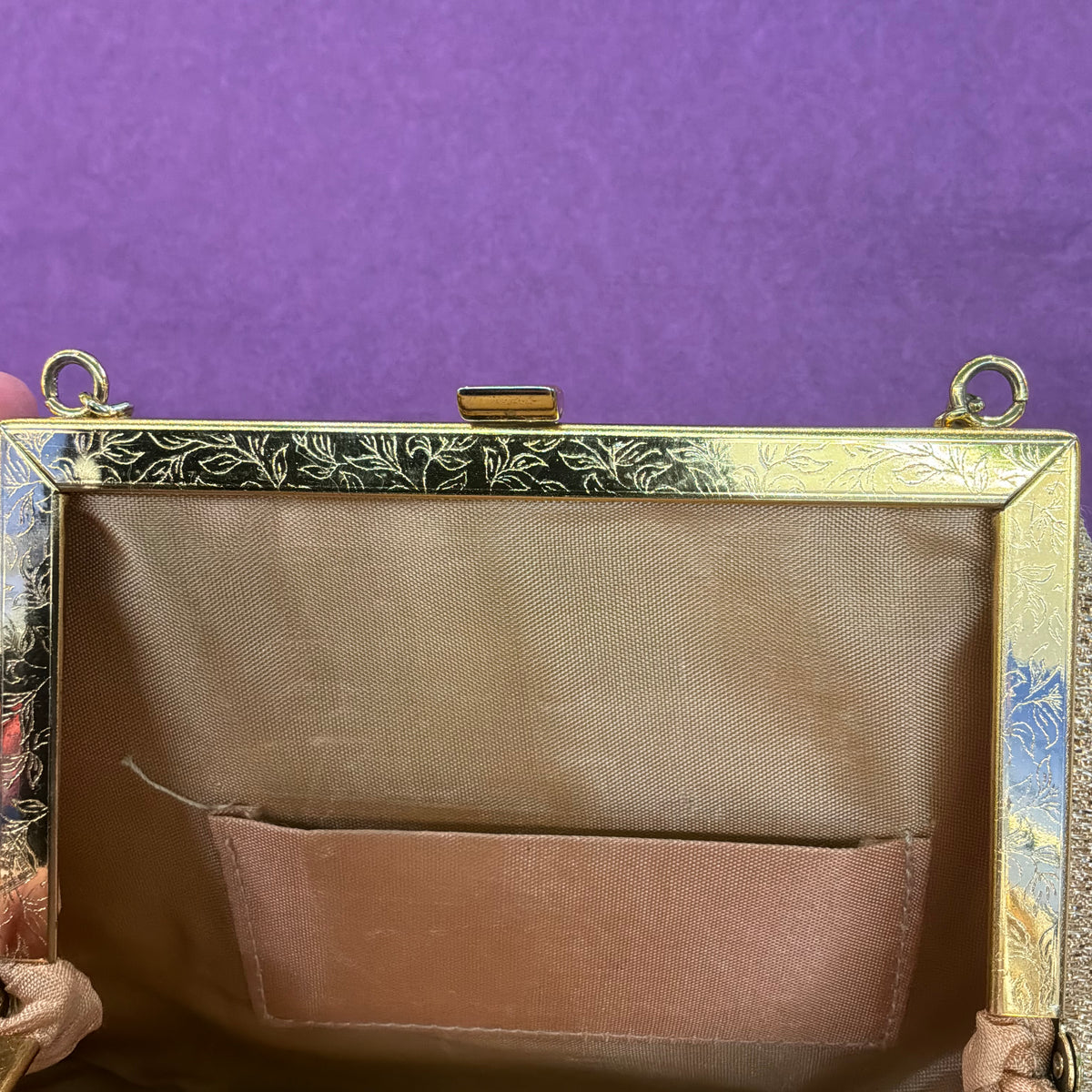 Vintage Mid Century Gold Lurex Pleated Evening Bag with Gold Tone Chain