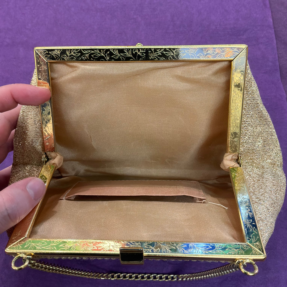 Vintage Mid Century Gold Lurex Pleated Evening Bag with Gold Tone Chain