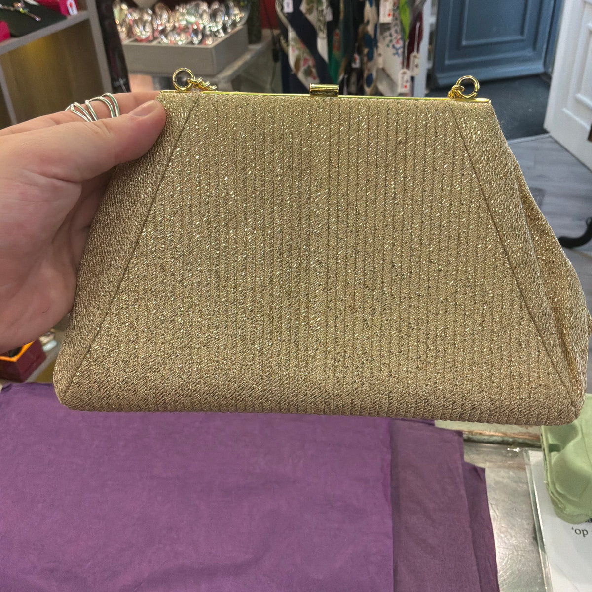Vintage Mid Century Gold Lurex Pleated Evening Bag with Gold Tone Chain