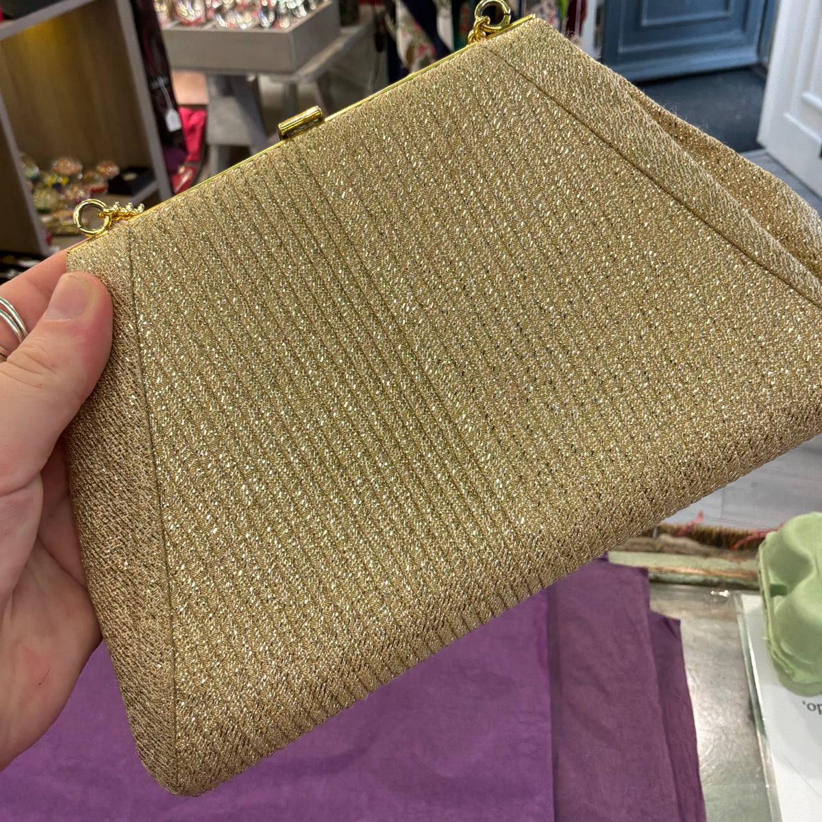 Vintage Mid Century Gold Lurex Pleated Evening Bag with Gold Tone Chain