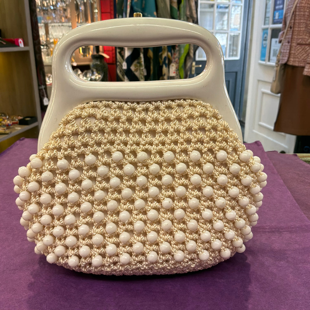 Vintage 1960s Italian Cream Beaded Crochet Handbag White Lucite Handle
