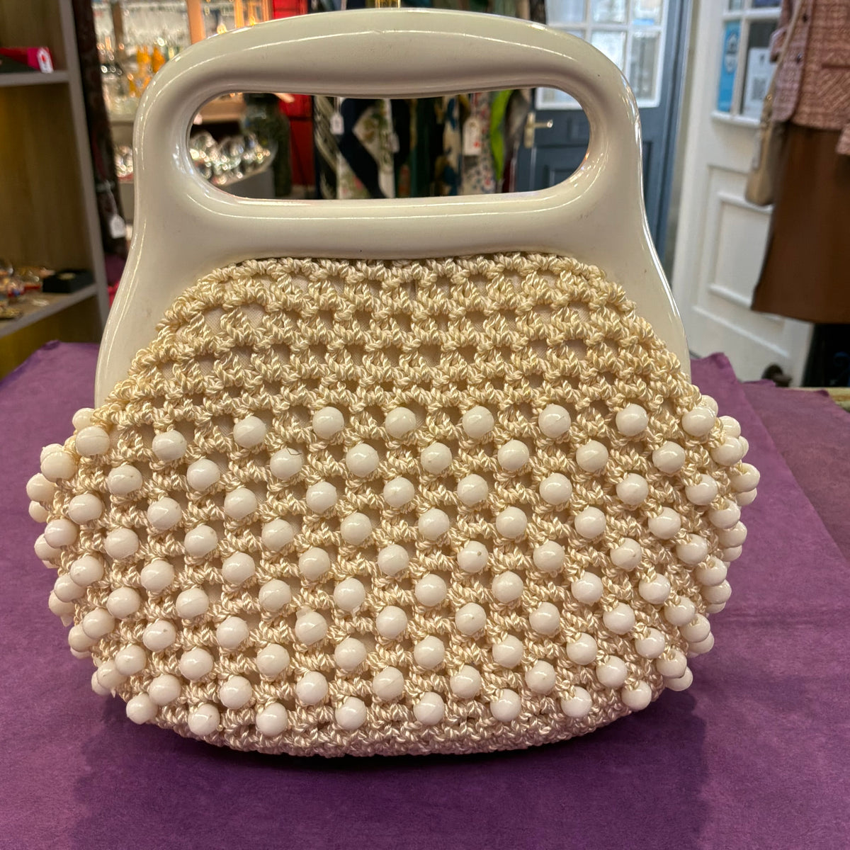 Vintage 1960s Italian Cream Beaded Crochet Handbag White Lucite Handle