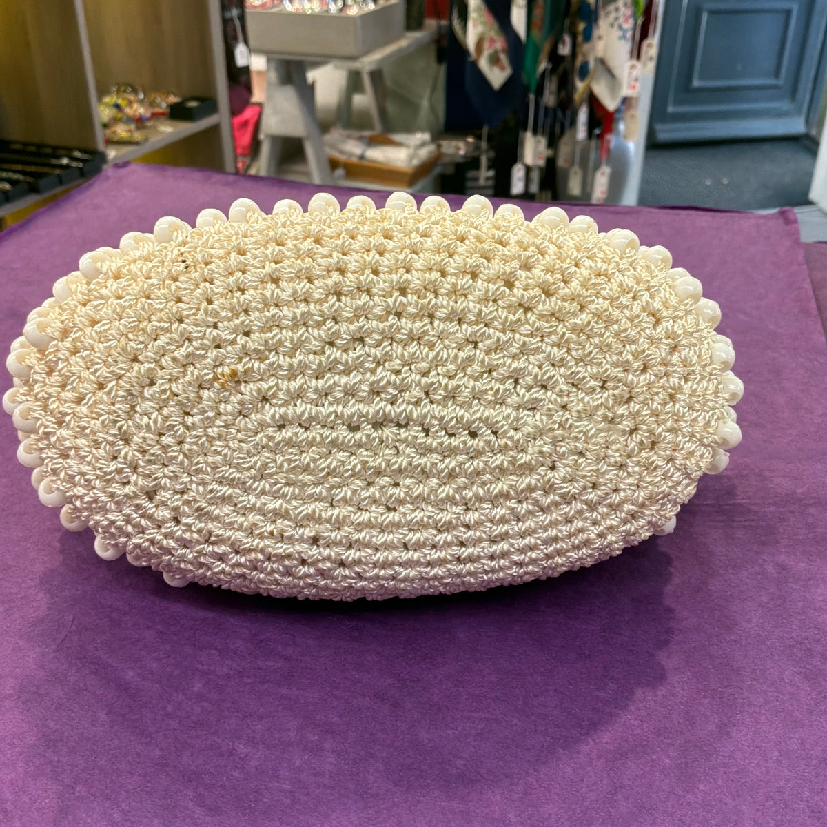 Vintage 1960s Italian Cream Beaded Crochet Handbag White Lucite Handle