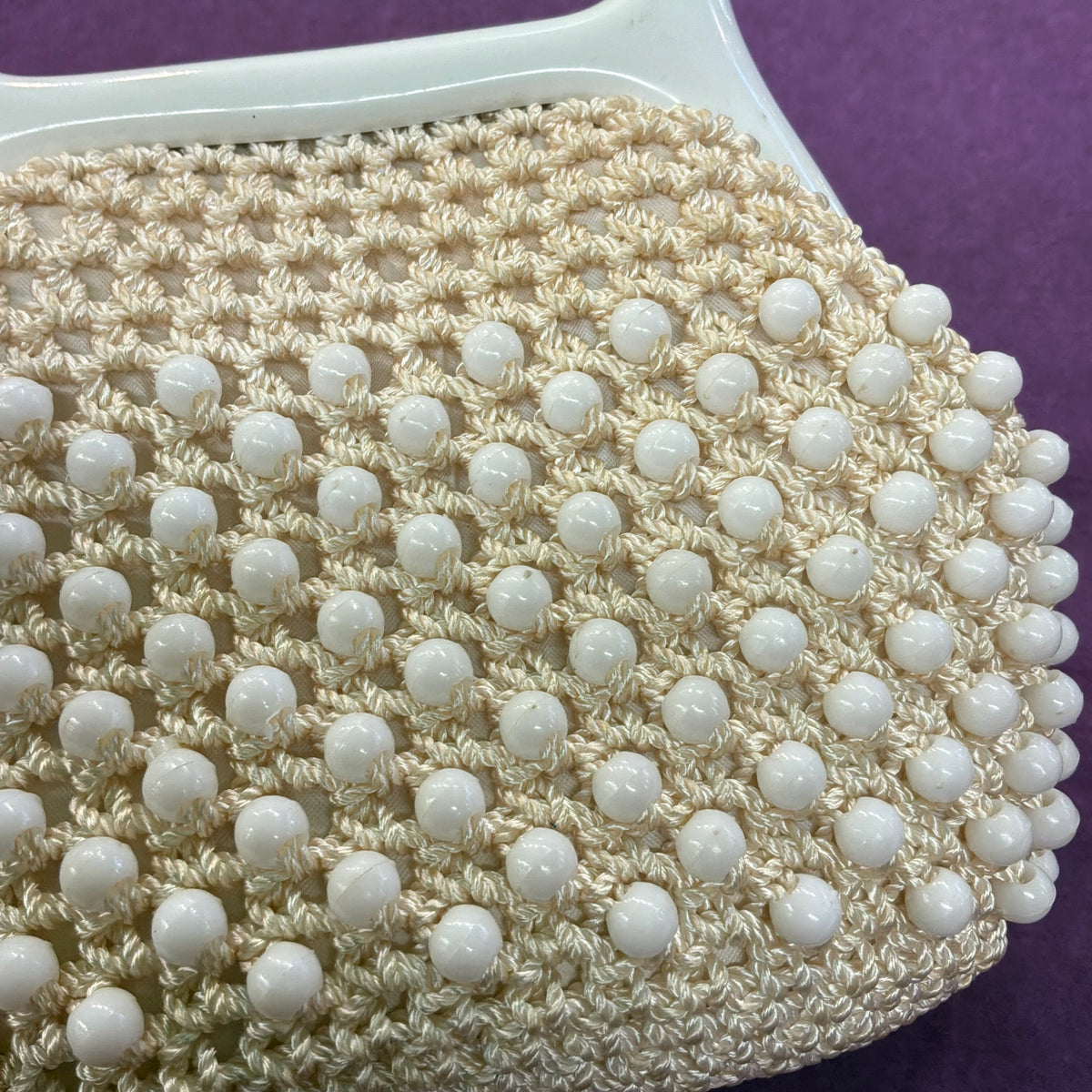 Vintage 1960s Italian Cream Beaded Crochet Handbag White Lucite Handle