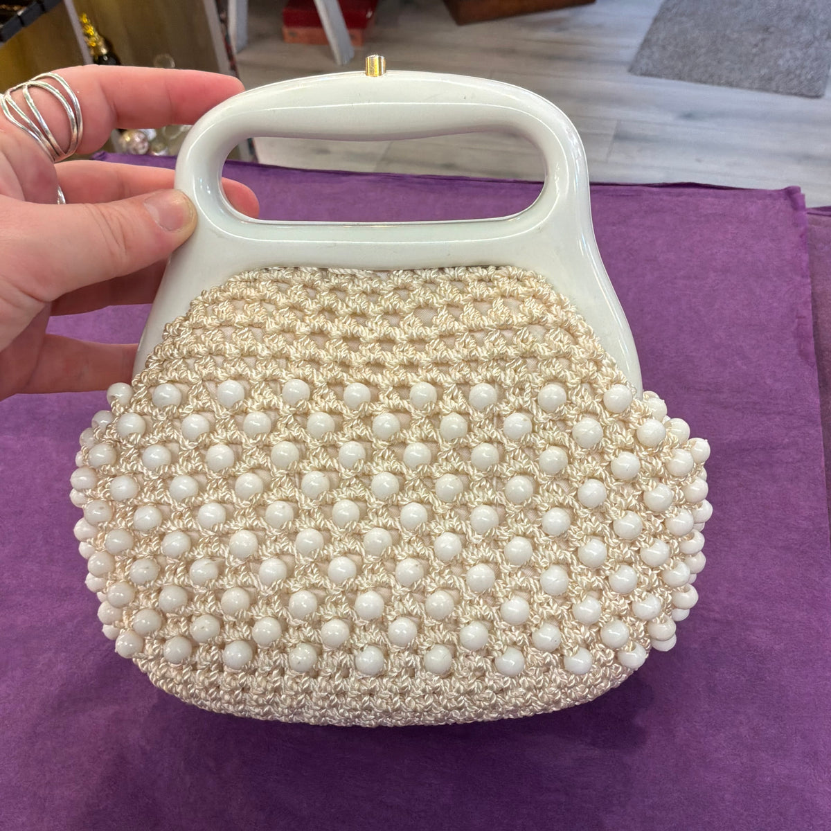 Vintage 1960s Italian Cream Beaded Crochet Handbag White Lucite Handle