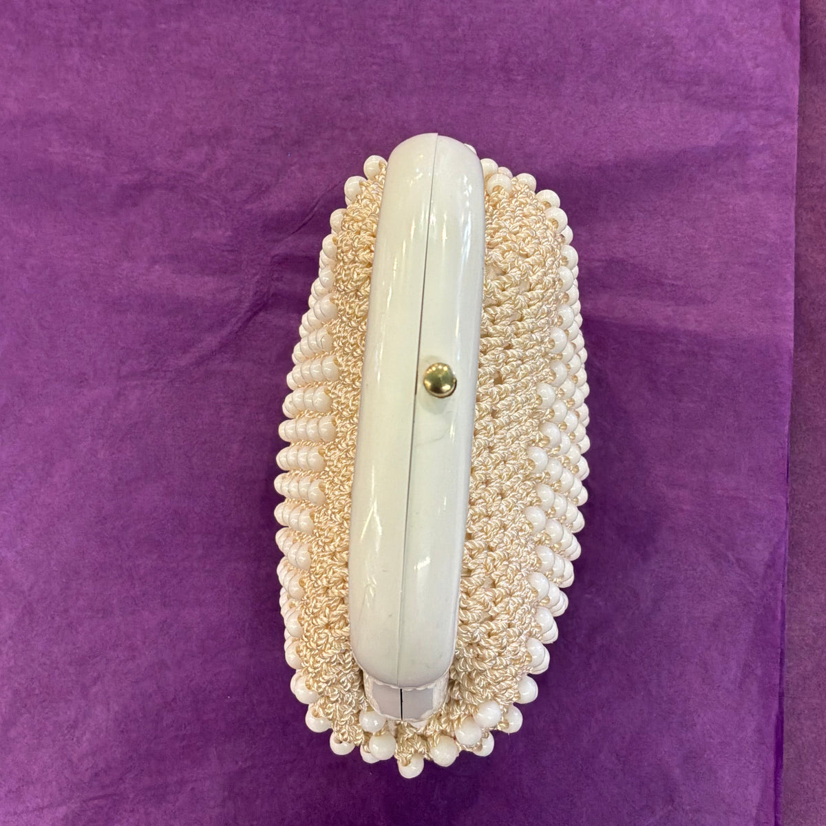 Vintage 1960s Italian Cream Beaded Crochet Handbag White Lucite Handle