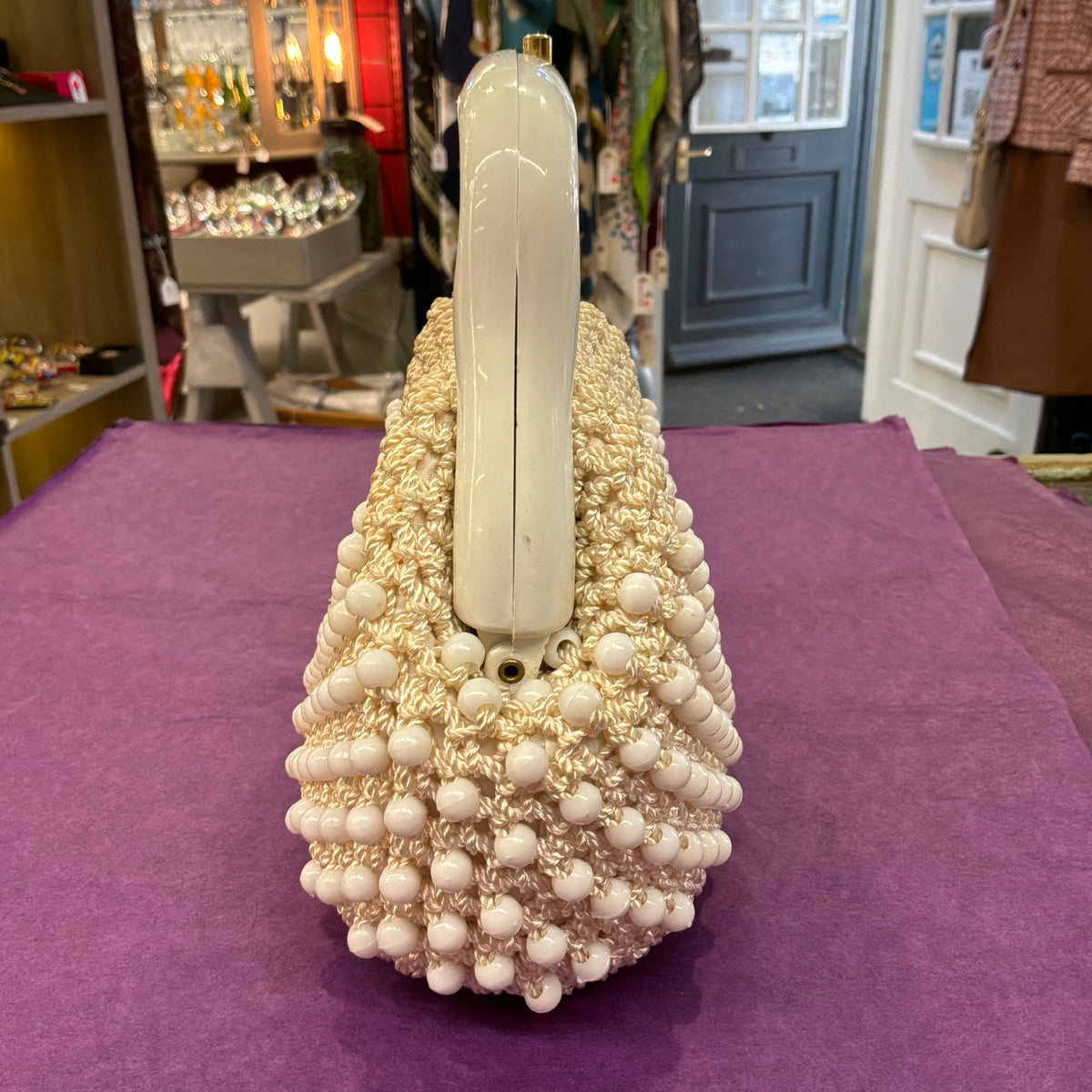 Vintage 1960s Italian Cream Beaded Crochet Handbag White Lucite Handle