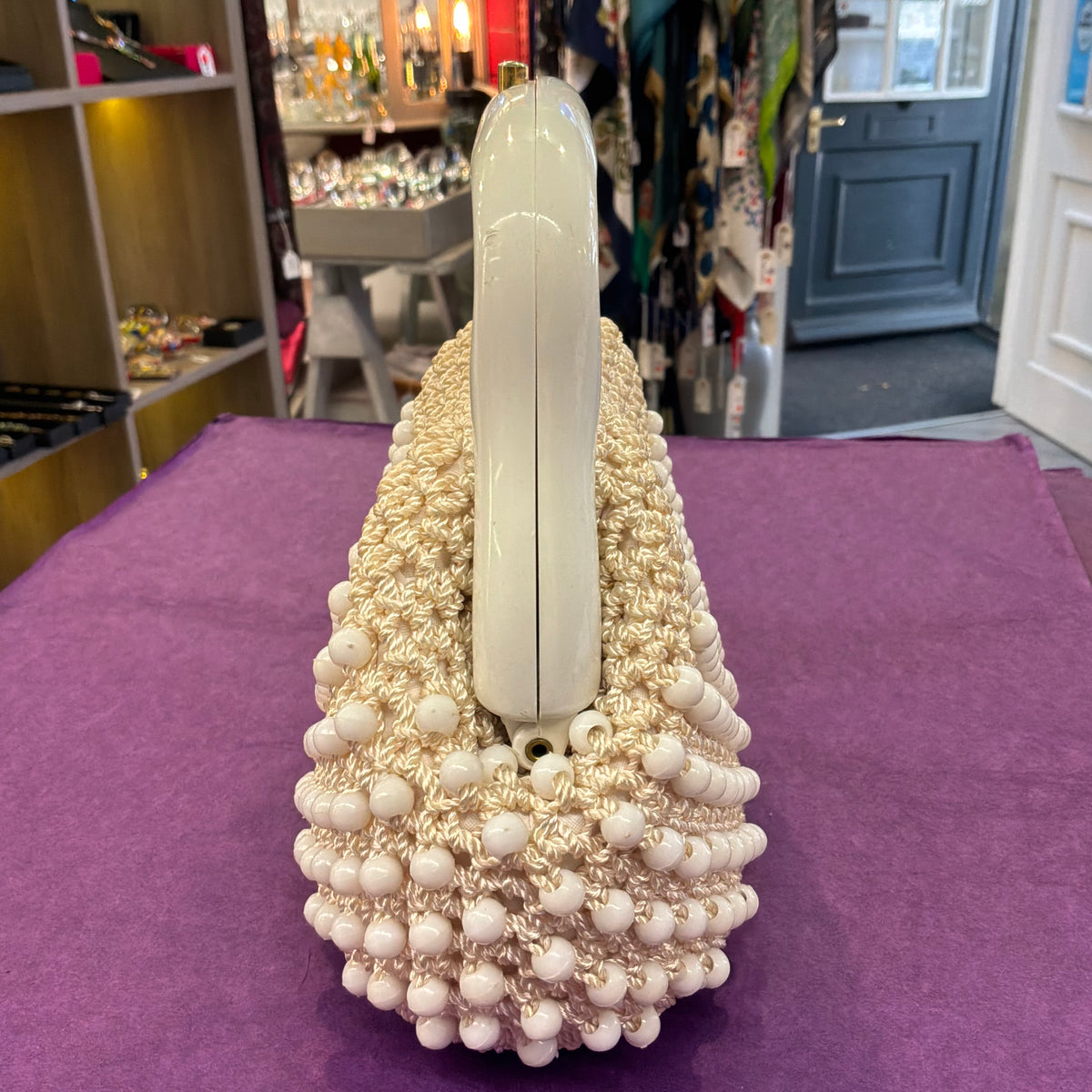 Vintage 1960s Italian Cream Beaded Crochet Handbag White Lucite Handle