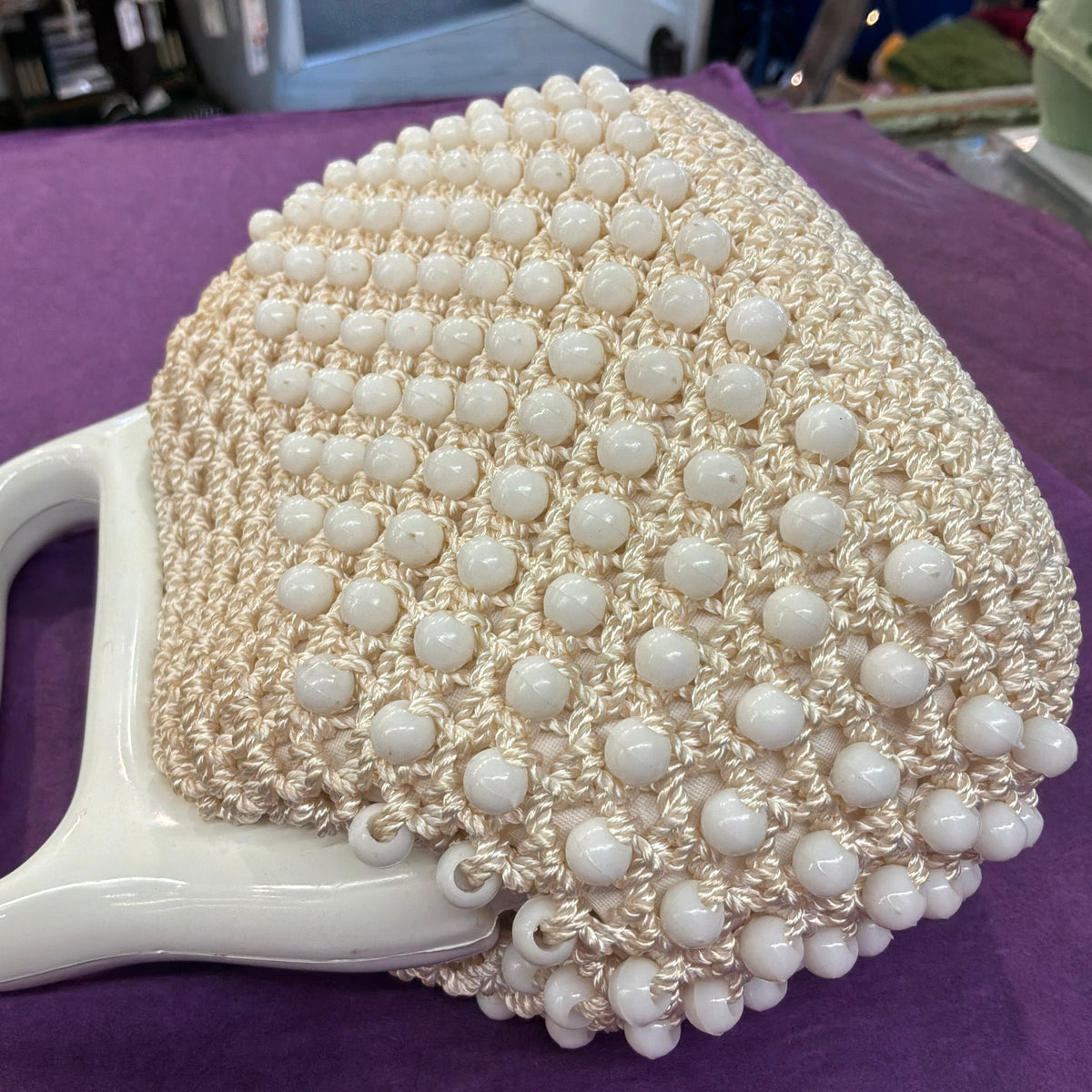 Vintage 1960s Italian Cream Beaded Crochet Handbag White Lucite Handle