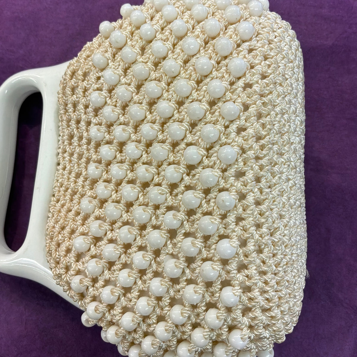 Vintage 1960s Italian Cream Beaded Crochet Handbag White Lucite Handle