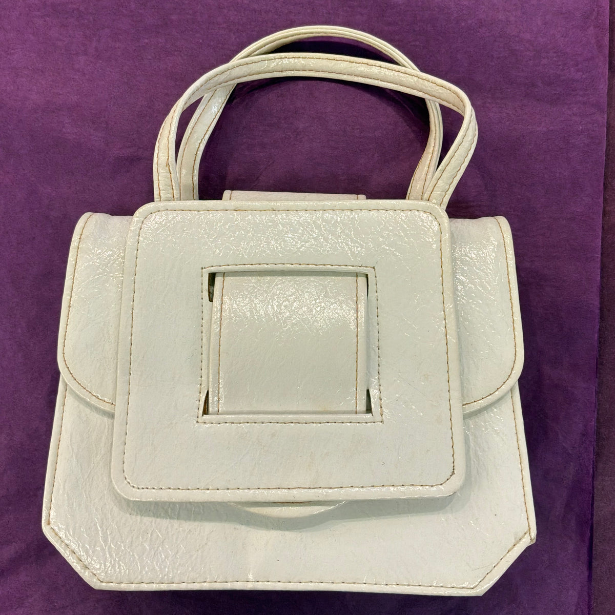 Vintage Mid Century White Vinyl Satchel Style Handbag Top Handle Bag